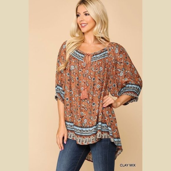 Gigio | Hannah Terracotta Clay Rust Bohemian Peasant Top Tassel Paisley Small - Picture 9 of 14